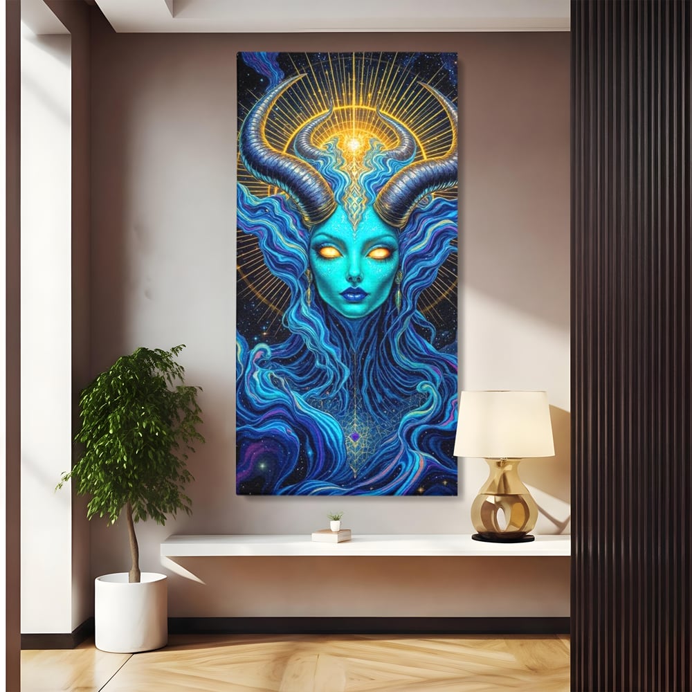 Tablou canvas cu tablou canvas cu zeitate albastra cu coarne, fara rama, pe sasiu de lemn